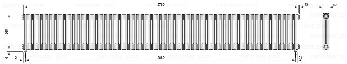 Схема (чертеж) Радиатор Zehnder Charleston 2056/60 №5310 Белый глянцевый RAL 9016